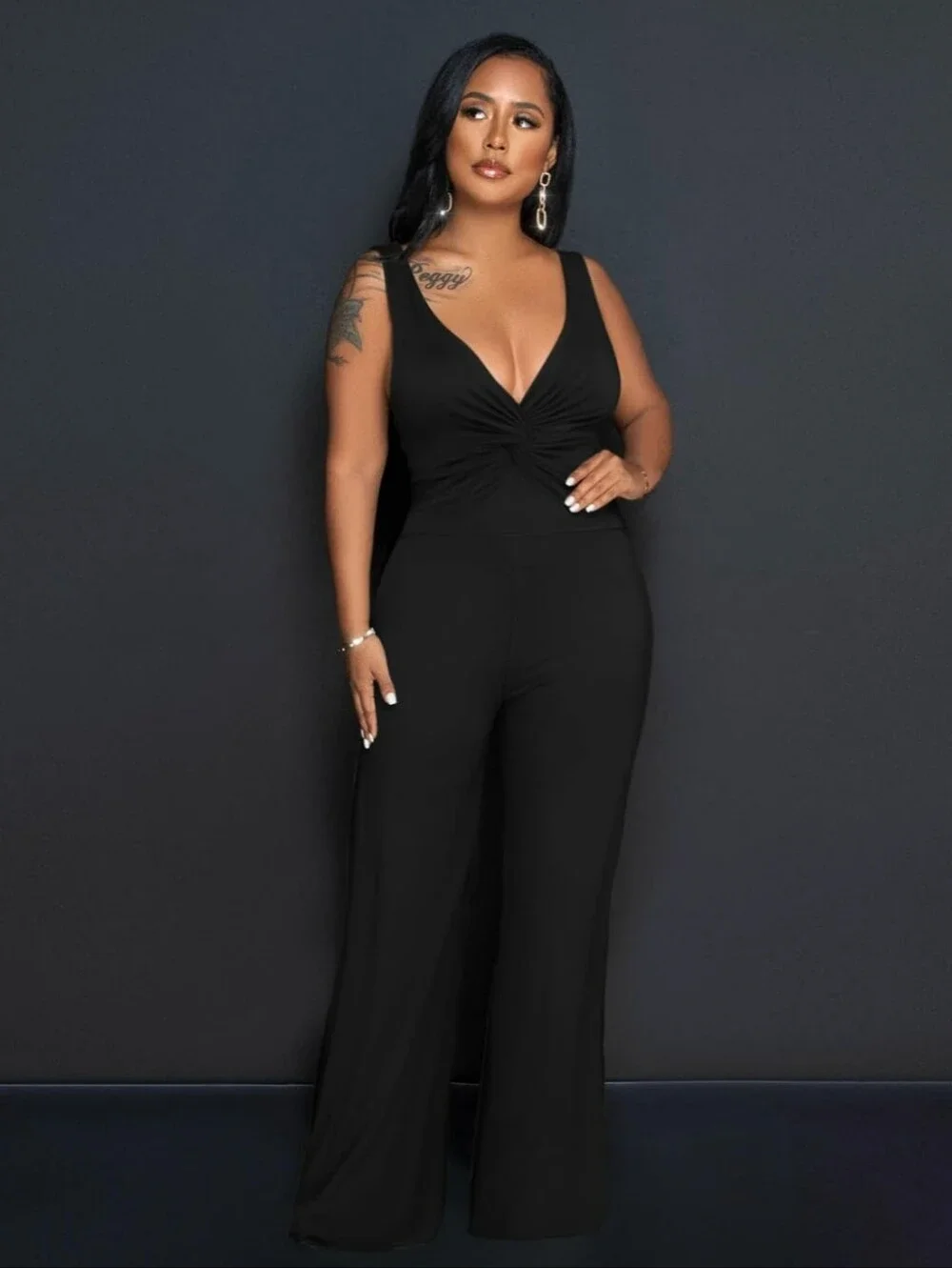 Elegant Sleeveless Sexy V Neck Casual Long Wide Leg Pants Belt, Medium, Black - Picture 4 of 9
